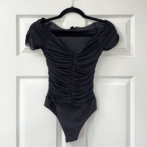 Express Body Contour Mesh Off The Shoulder Thong Bodysuit. Small